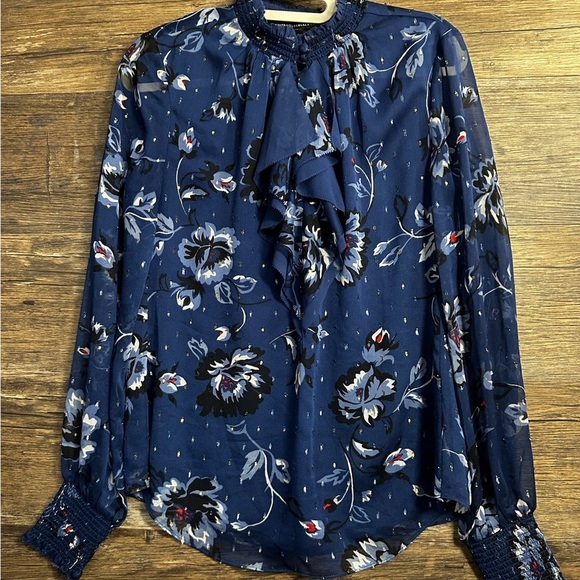 White House Black Market Blue Ruffled Floral Blouse - Picture 3 of 10